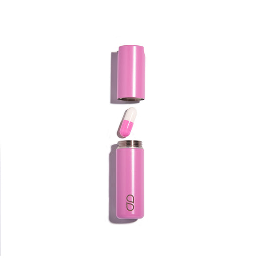 Screw top for easy access to the stylish, durable and waterproof pill case. Simply unscrew and add up to 6 / six large tablets to keep you going wherever your day takes you. Sustainable and made from stainless steel. Percentage of profits going to cancer research charities. Available in four colours: Jet Black, Cosmic Grey, Lavender and Flamingo Pink. See more at we are tabuu, www.wearetabuu.com
