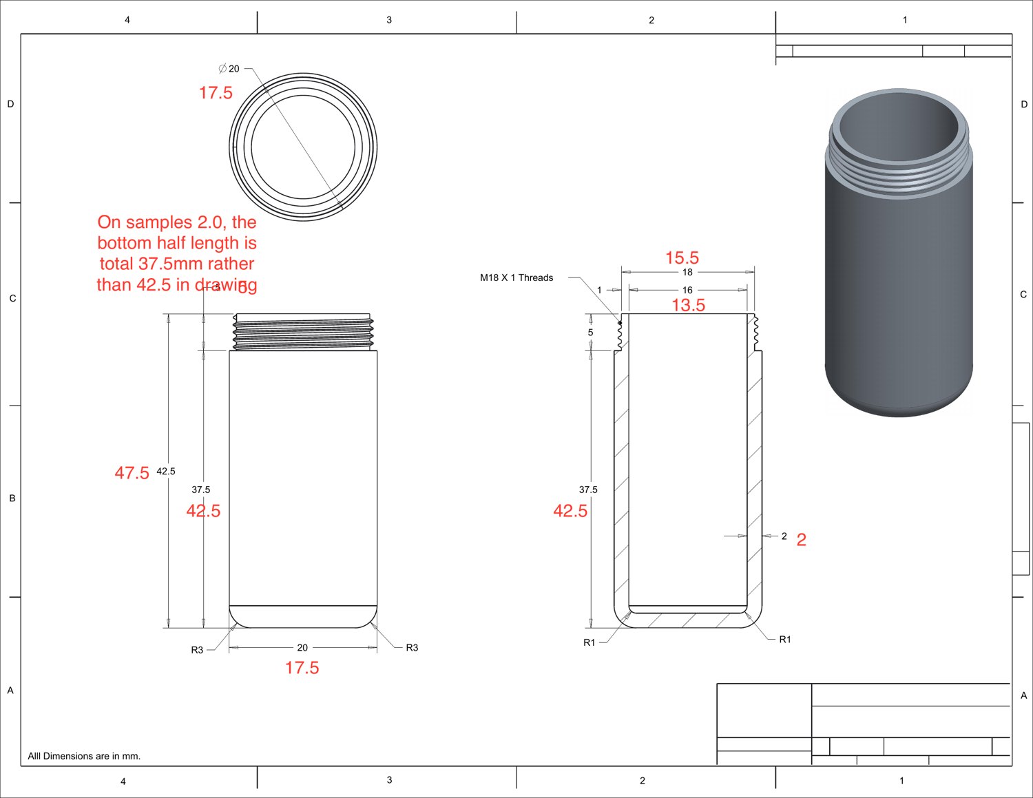 A technical drawing of a screw-top tube with measurements and handwritten red notes