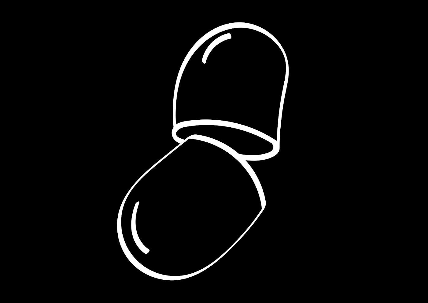 A white line drawing of two capsule halves on a black background